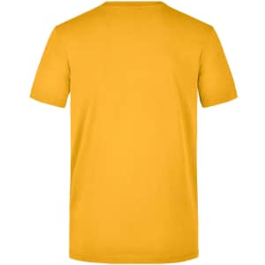 A yellow men's workwear T-shirt with a crew neck and short sleeves, featuring a logo on the back.
