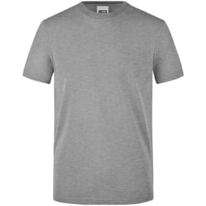 A grey workwear T-shirt featuring a crew neck design and a logo on the label.