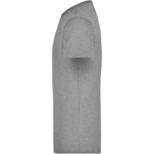 A grey men's work t-shirt displayed from the side, featuring short sleeves and a simple design with a logo.