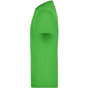 A green men's workwear T-shirt, featuring a simple design and short sleeves, displayed from the side.