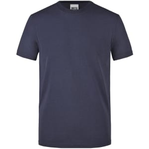 A navy blue men's workwear T-shirt with short sleeves and a round neckline, featuring a logo on the label.