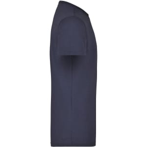 A navy blue men's workwear t-shirt showing a side view with short sleeves and a simple design.