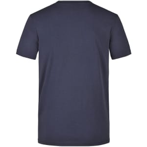 A navy blue men's workwear t-shirt, featuring a simple design and a visible logo on the back.