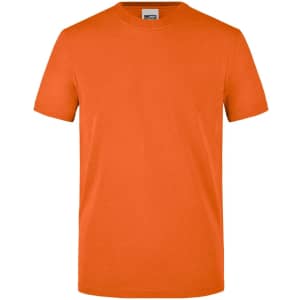 An orange T-shirt with short sleeves, featuring a logo, designed for workwear applications.