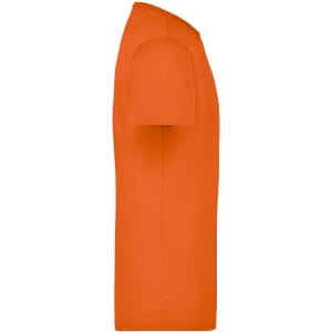 An orange men's workwear t-shirt displayed from a side view, featuring a simple design and a logo.