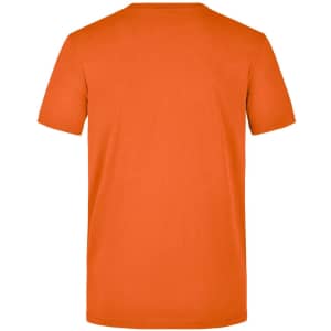 An orange men's workwear T-shirt with a crew neckline and short sleeves, featuring a logo on the back.