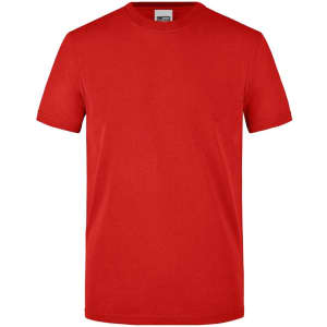 A red men's workwear t-shirt with a round neckline and short sleeves, featuring a logo on the label.