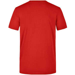 A red men's workwear t-shirt featuring a simple design and a logo on the back.