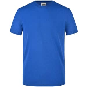 A blue men's workwear t-shirt with a crew neck and short sleeves, featuring a logo on the chest.