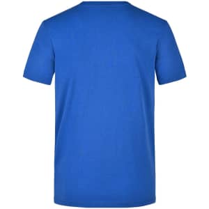 A blue men's workwear T-shirt with a crew neck and short sleeves, featuring a logo.