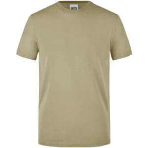 A khaki men's workwear t-shirt with short sleeves and a simple design, featuring a logo at the neckline.