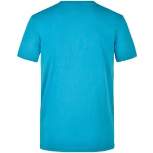 A blue men's workwear t-shirt displayed from the back, featuring a simple design and a logo.