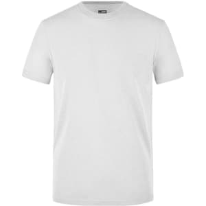 A plain white men's workwear T-shirt with a round neckline and short sleeves, featuring a logo.