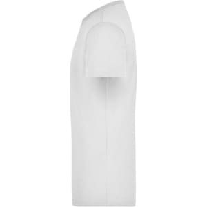 A plain white men's workwear T-shirt with short sleeves, displayed from the side. The shirt features a logo.