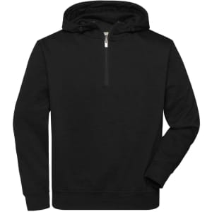 A black half zip hoodie featuring a hood and long sleeves, with a logo on the front.