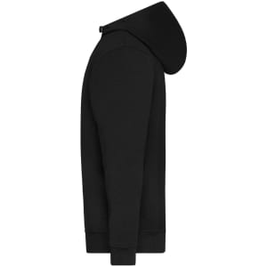 A black half-zip hoodie with a hood, featuring a side view silhouette and a logo.