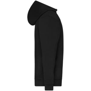 A black half zip hoodie with a hood, featuring long sleeves and a fitted silhouette.