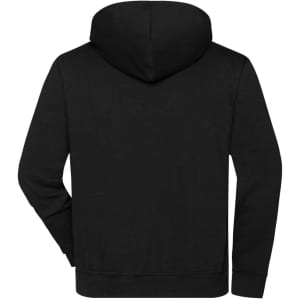 A black half zip hoodie with a hood and a logo on the back, designed for workwear.