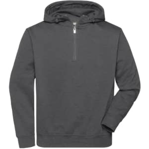 A dark grey half zip hoodie featuring a hood and long sleeves, with a branding logo.