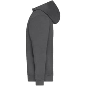 A grey half zip hoodie with a hood, featured from the side, with a logo visible.