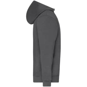 A grey half zip hoodie featuring a hood and long sleeves, with a small logo on the garment.