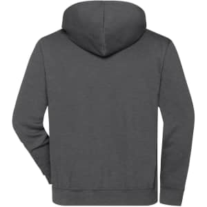 A grey half zip hoodie with a hood and a plain back design. It features a branding logo.