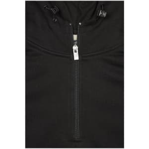 A black half zip hoodie featuring a zip closure and drawstring hood. It includes a logo.
