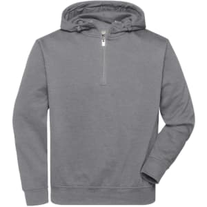 A grey half-zip hoodie made from workwear material, featuring a hood and a front pouch pocket.