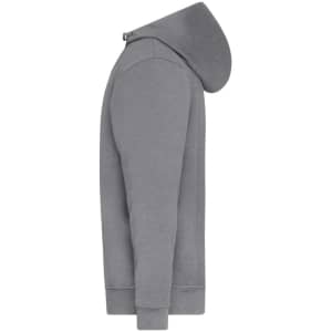 A grey half zip hoodie featuring a hood and long sleeves, with a logo on the side.