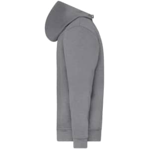 A grey half-zip hoodie featuring a hood and long sleeves, with a simple design and a branding logo.