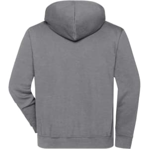 A grey half zip hoodie featuring a hood at the back, with a logo on the garment.