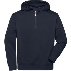 A navy half zip hoodie made from workwear material, featuring a front pocket and a hood. It includes a logo.