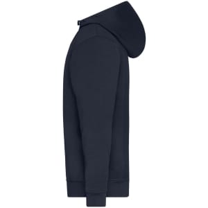 A half zip hoodie in navy blue, showcasing a side view with a hood and ribbed cuffs. It features a logo.