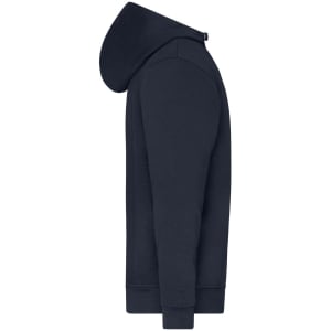 A navy blue half zip hoodie featuring a hood and long sleeves, with a branding logo.