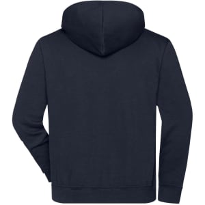 A navy half zip hoodie with a hood and a simple design, featuring branding on the back.