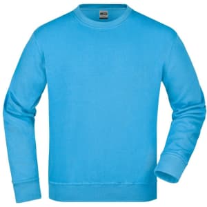 A blue sweatshirt with long sleeves and a crew neck design. It features a logo on the front.
