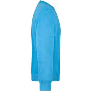 A blue sweatshirt with a classic crew neck and long sleeves, featuring a side view with ribbed cuffs.