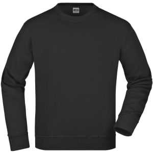 A black sweatshirt with long sleeves and a crew neck, featuring a label inside.