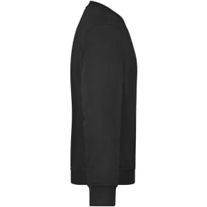 A black sweatshirt with long sleeves and a ribbed hem, featuring a logo on the front.