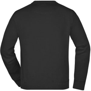 A black sweatshirt with long sleeves and a crew neckline, featuring a simple design and a logo on the back.