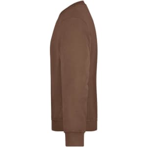 A brown workwear sweatshirt with a crew neck and long sleeves, featuring a simple design and a branding logo.