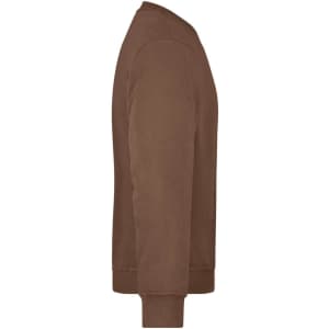 A brown workwear sweatshirt featuring a simple design and a logo on the sleeve.