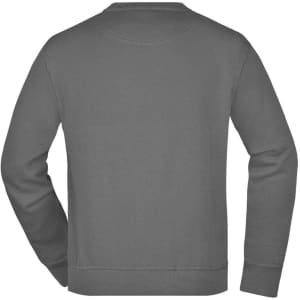 A grey sweatshirt with a simple design and a logo on the back. It features long sleeves and a rounded neckline.
