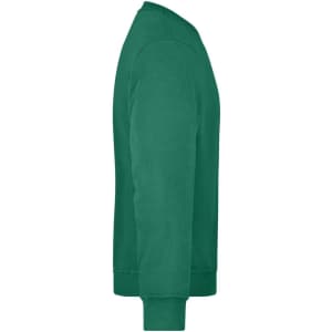 A green workwear sweatshirt with a crew neck and long sleeves, featuring a simple design and a logo.