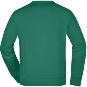 A green sweatshirt with long sleeves and a crew neckline, featuring a logo on the back.