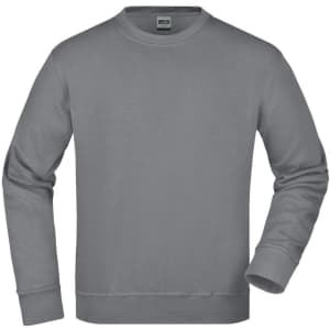 A grey workwear sweatshirt with long sleeves and a ribbed collar, featuring a small logo on the chest.
