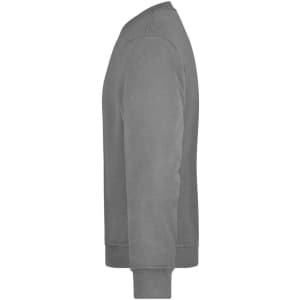 A grey sweatshirt with a crew neck and long sleeves, featuring a simple design and a branded logo.