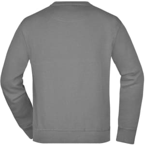 A plain grey sweatshirt with a crew neck and long sleeves, featuring a logo on the back.
