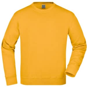 A bright yellow sweatshirt featuring a crew neck and long sleeves, with a branding logo on it.