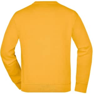 A yellow workwear sweatshirt with a simple design and a logo on the back.